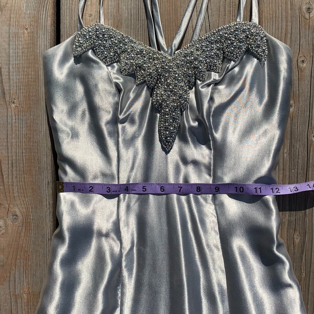 Vintage Silver Satin Maxi Dress with Beaded Bodice Grad Prom dress - Picture 12 of 16